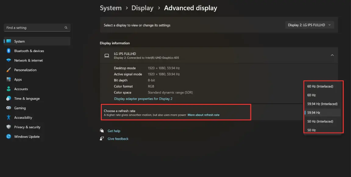 display settings for refresh rate